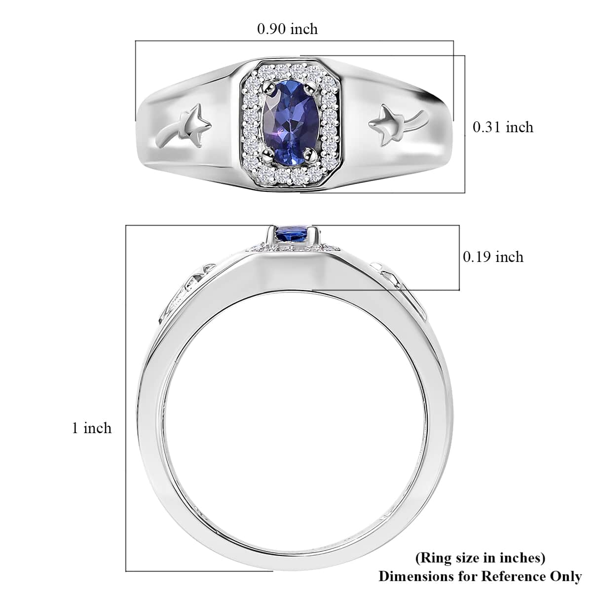 AAA Tanzanite and Moissanite 0.60 ctw Celestial Men's Ring in Rhodium Over Sterling Silver (Size 10.0) image number 5