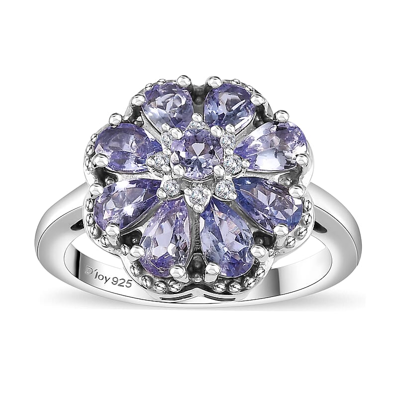 Tanzanite and White Zircon 1.65 ctw Daisy Floral Ring in Rhodium Over Sterling Silver (Size 10.0)