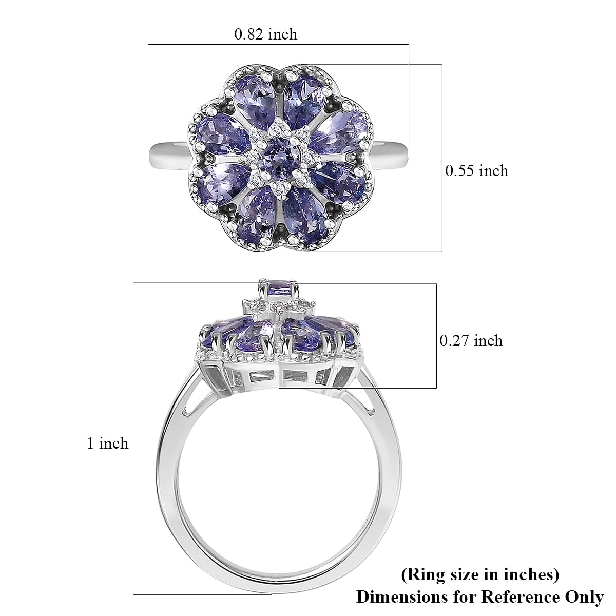 Tanzanite and White Zircon 1.65 ctw Daisy Floral Ring in Rhodium Over Sterling Silver (Size 10.0)