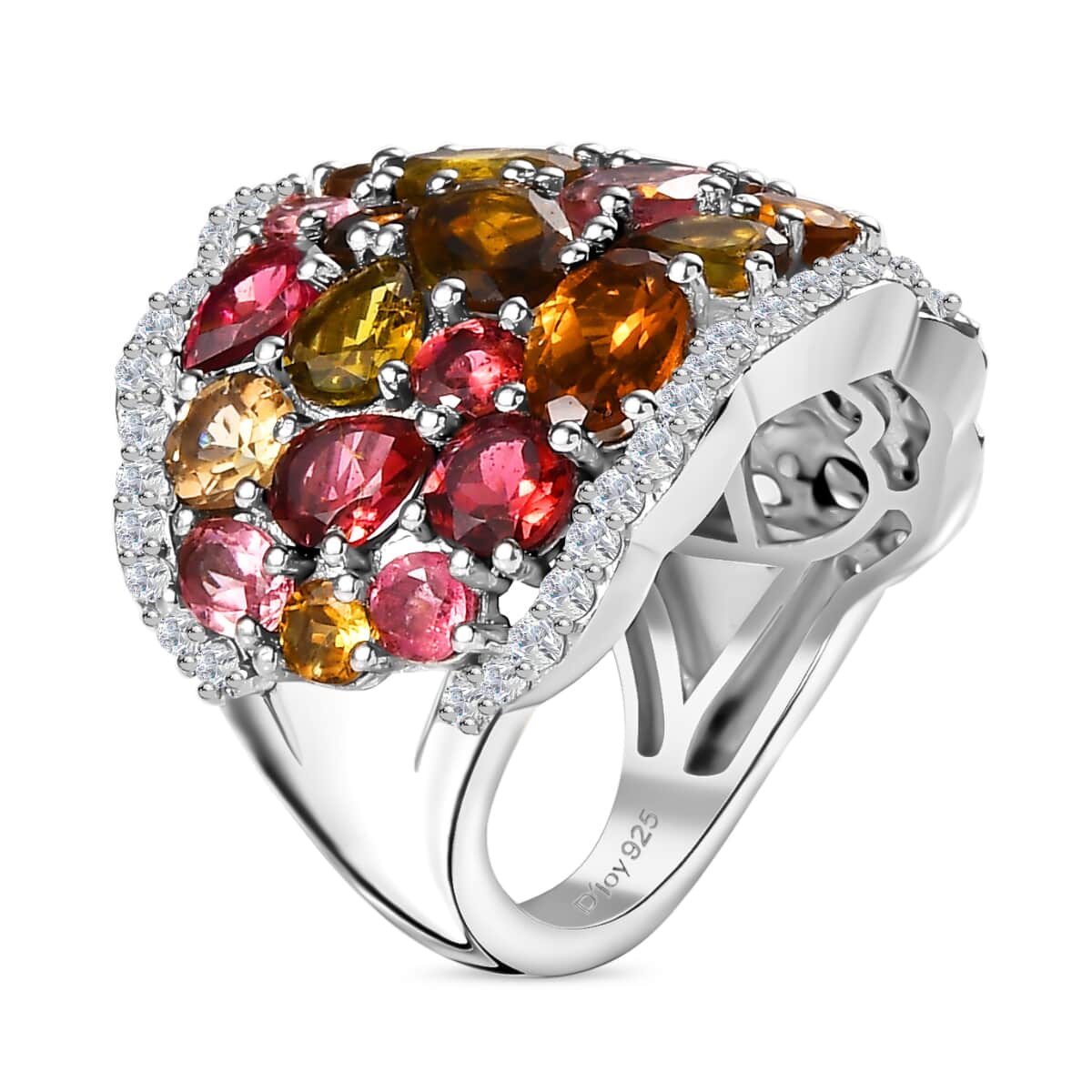 Multi-Tourmaline and White Zircon 8.00 ctw Ring in Rhodium Over Sterling Silver (Size 5.0) image number 3