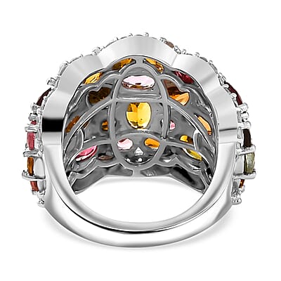 Multi-Tourmaline and White Zircon 8.00 ctw Ring in Rhodium Over Sterling Silver (Size 5.0)