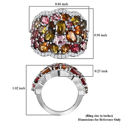 Multi-Tourmaline and White Zircon 8.00 ctw Ring in Rhodium Over Sterling Silver (Size 5.0)
