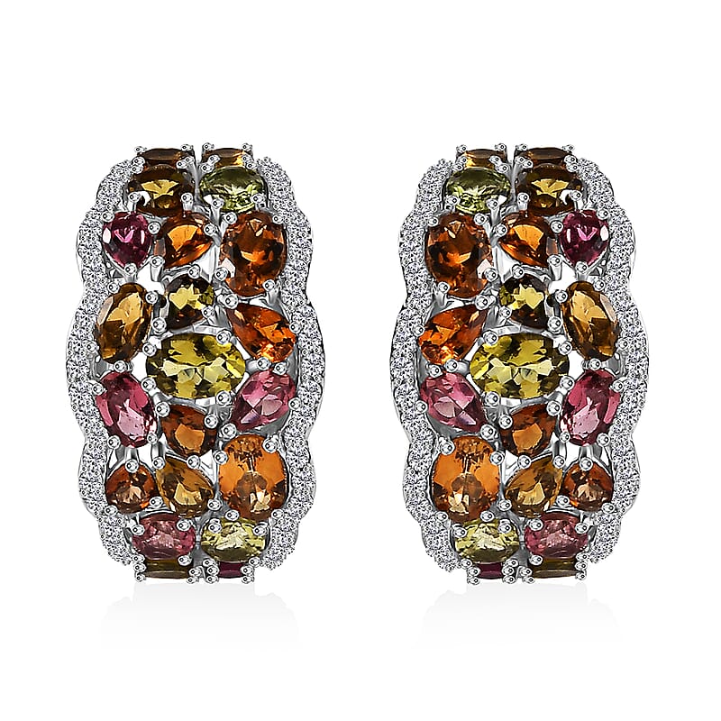 Multi-Tourmaline and White Zircon 10.85 ctw Hoop Earrings in Rhodium Over Sterling Silver