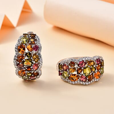 Multi-Tourmaline and White Zircon 10.85 ctw Hoop Earrings in Rhodium Over Sterling Silver