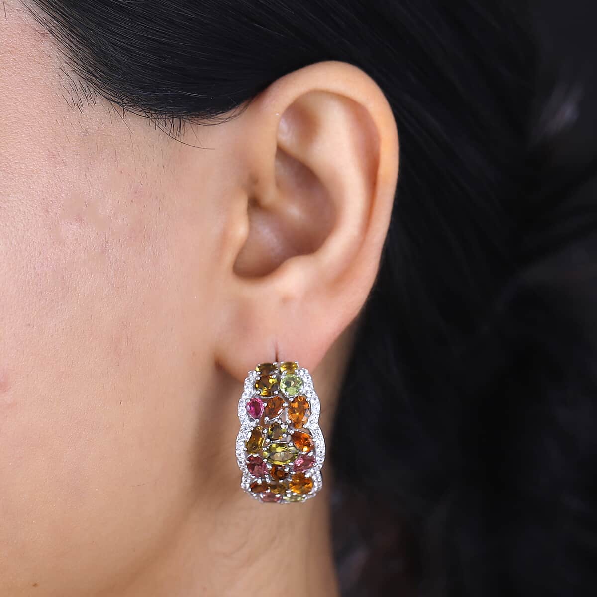 Multi-Tourmaline and White Zircon 10.85 ctw Hoop Earrings in Rhodium Over Sterling Silver image number 2