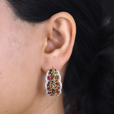 Multi-Tourmaline and White Zircon 10.85 ctw Hoop Earrings in Rhodium Over Sterling Silver