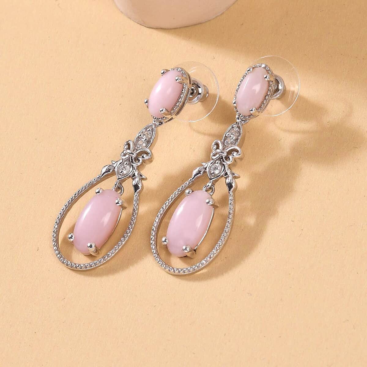 Peruvian Pink Opal and Natural White Zircon Earrings in Platinum Over Sterling Silver 7.50 ctw image number 1