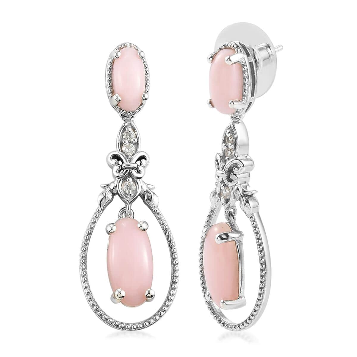 Peruvian Pink Opal and Natural White Zircon Earrings in Platinum Over Sterling Silver 7.50 ctw image number 3