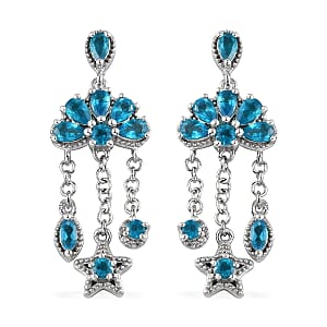 Malgache Neon Apatite and White Zircon Dangle Earrings in Platinum Over Sterling Silver 3.50 ctw