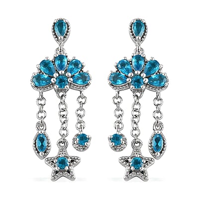 Malgache Neon Apatite and White Zircon Dangle Earrings in Platinum Over Sterling Silver 3.50 ctw