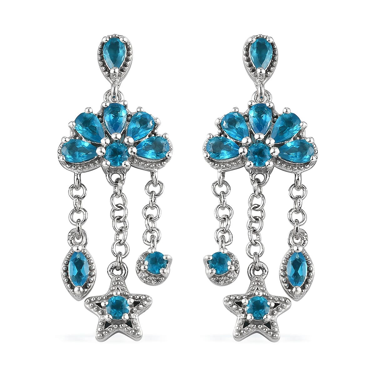 Malgache Neon Apatite and White Zircon Dangle Earrings in Platinum Over Sterling Silver 3.50 ctw image number 0