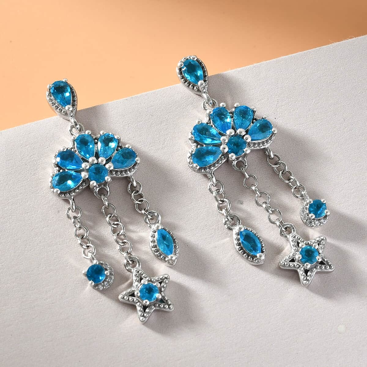 Malgache Neon Apatite and White Zircon Dangle Earrings in Platinum Over Sterling Silver 3.50 ctw image number 1