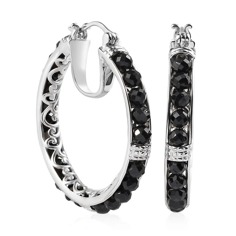 EverTrue Thai Black Spinel 24.15 ctw Hoop Earrings in Platinum Bond