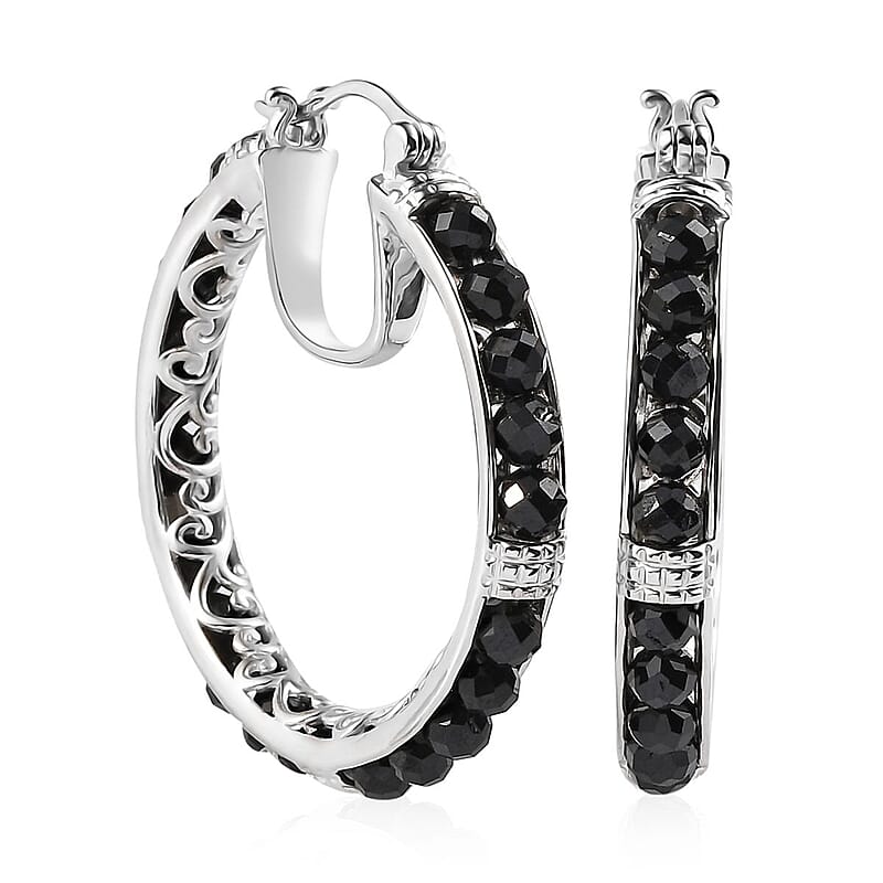 EverTrue Thai Black Spinel 24.15 ctw Hoop Earrings in Platinum Bond
