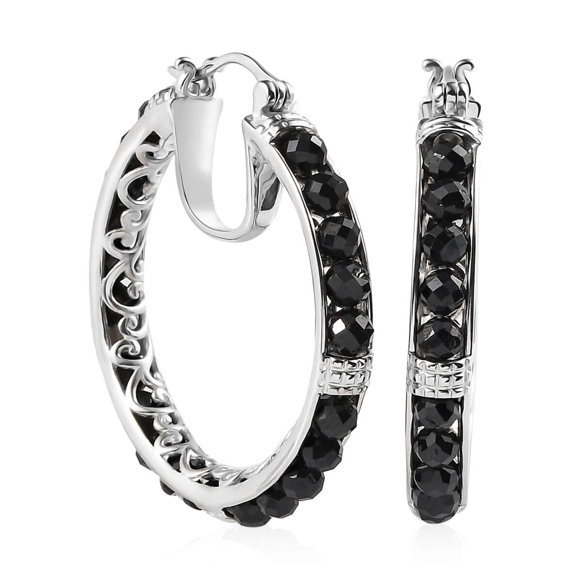 Karis Thai Black Spinel Hoop Earrings in Platinum Bond 18.00 ctw image number 0
