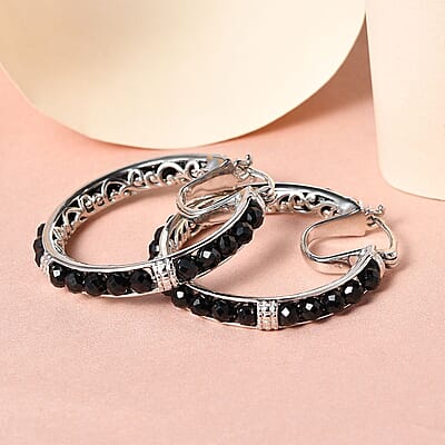 EverTrue Thai Black Spinel 24.15 ctw Hoop Earrings in Platinum Bond