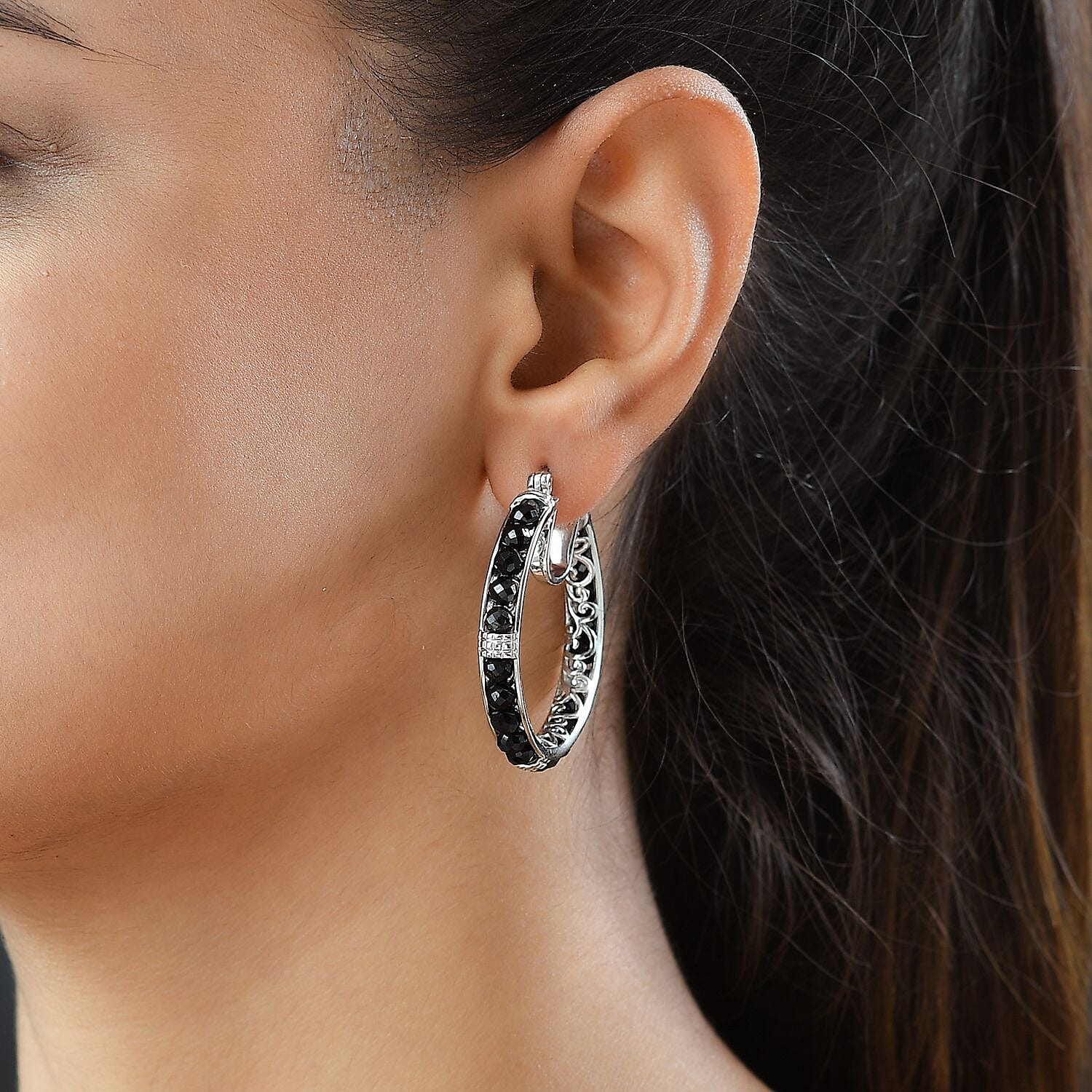 EverTrue Thai Black Spinel 24.15 ctw Hoop Earrings in Platinum Bond