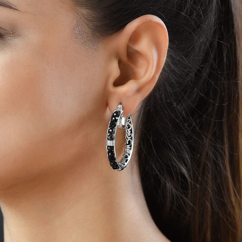 EverTrue Thai Black Spinel 24.15 ctw Hoop Earrings in Platinum Bond
