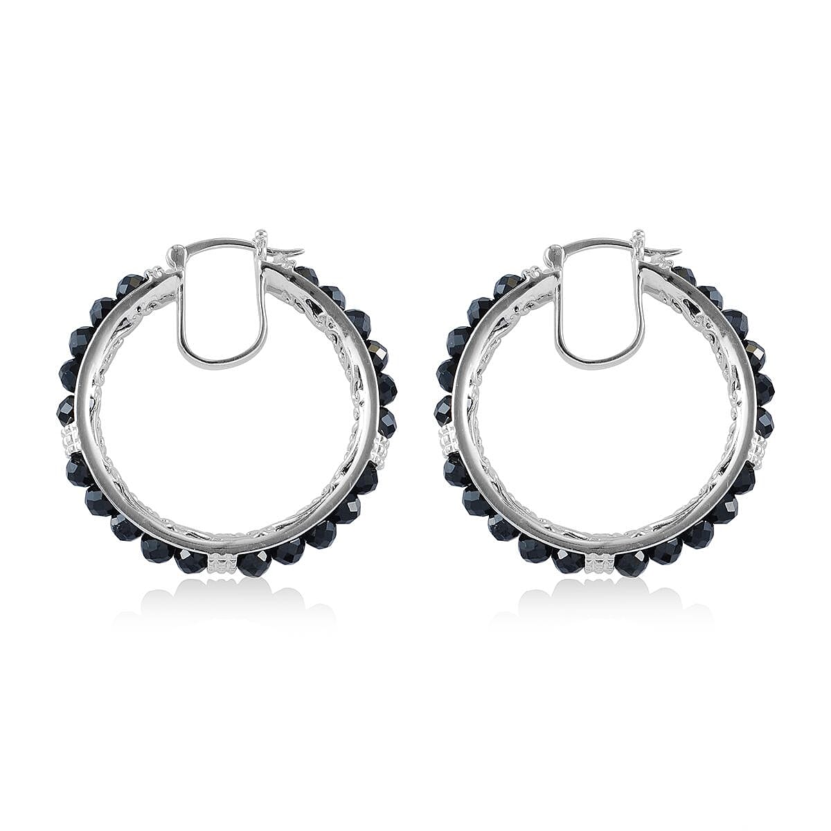 EverTrue Thai Black Spinel 24.15 ctw Hoop Earrings in Platinum Bond
