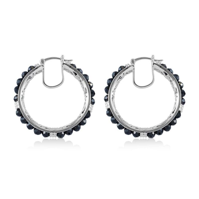 EverTrue Thai Black Spinel 24.15 ctw Hoop Earrings in Platinum Bond