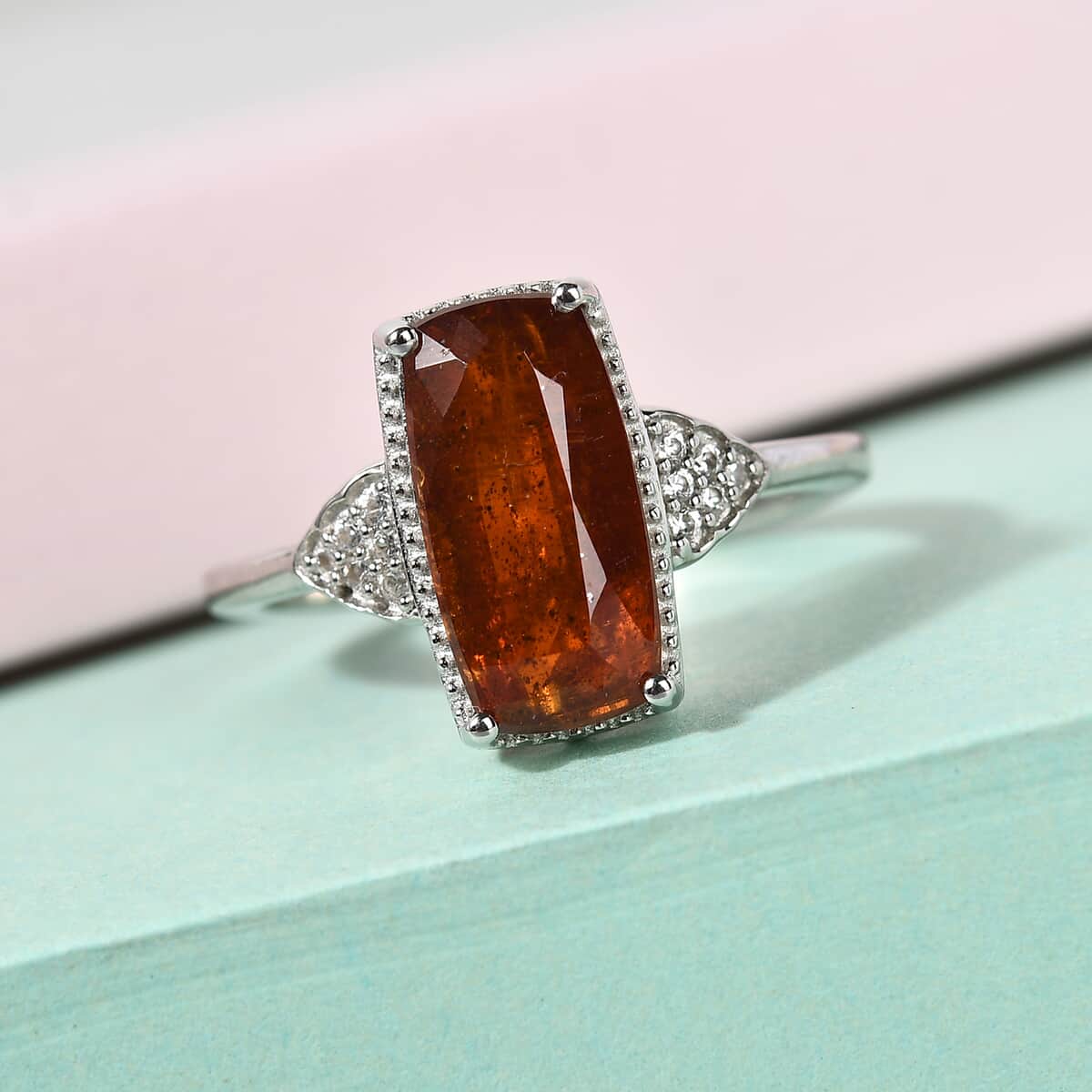 Tangerine Kyanite and Natural White Zircon Ring in Platinum Over Sterling Silver (Size 8.0) 2.90 ctw image number 1