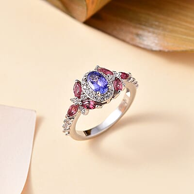 AAA Tanzanite and Multi Gemstone 1.40 ctw Floral Ring in Rhodium Over Sterling Silver (Size 10.0)