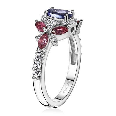 AAA Tanzanite and Multi Gemstone 1.40 ctw Floral Ring in Rhodium Over Sterling Silver (Size 10.0)