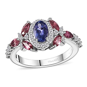 AAA Tanzanite and Multi Gemstone 1.40 ctw Floral Ring in Rhodium Over Sterling Silver (Size 5.0)