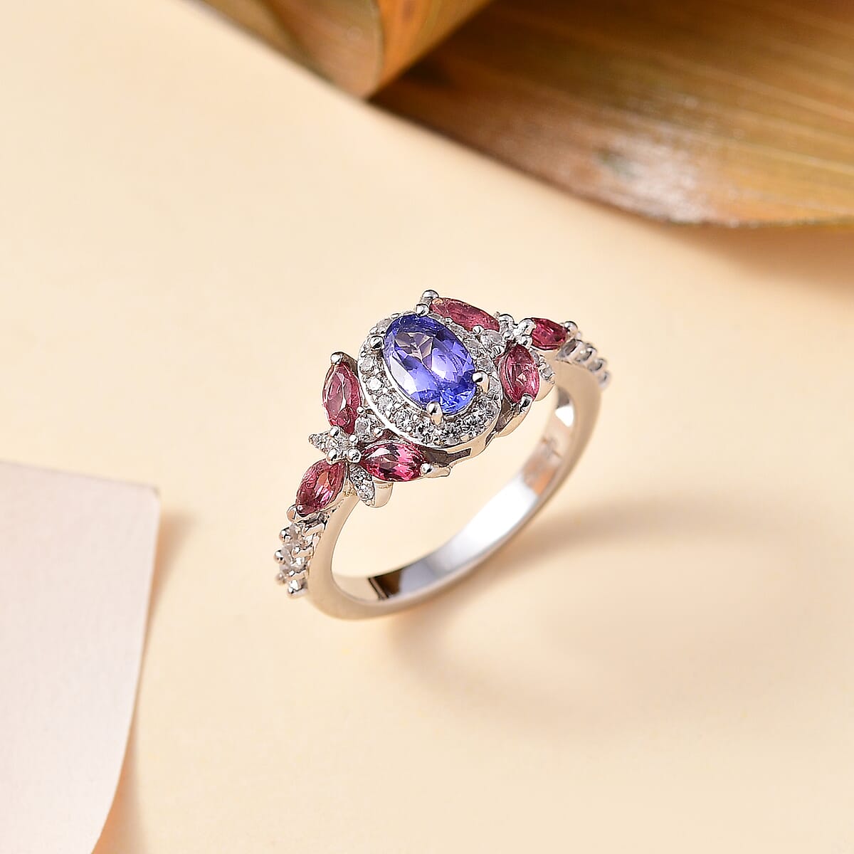 AAA Tanzanite and Multi Gemstone 1.40 ctw Floral Ring in Rhodium Over Sterling Silver (Size 6.0) image number 1