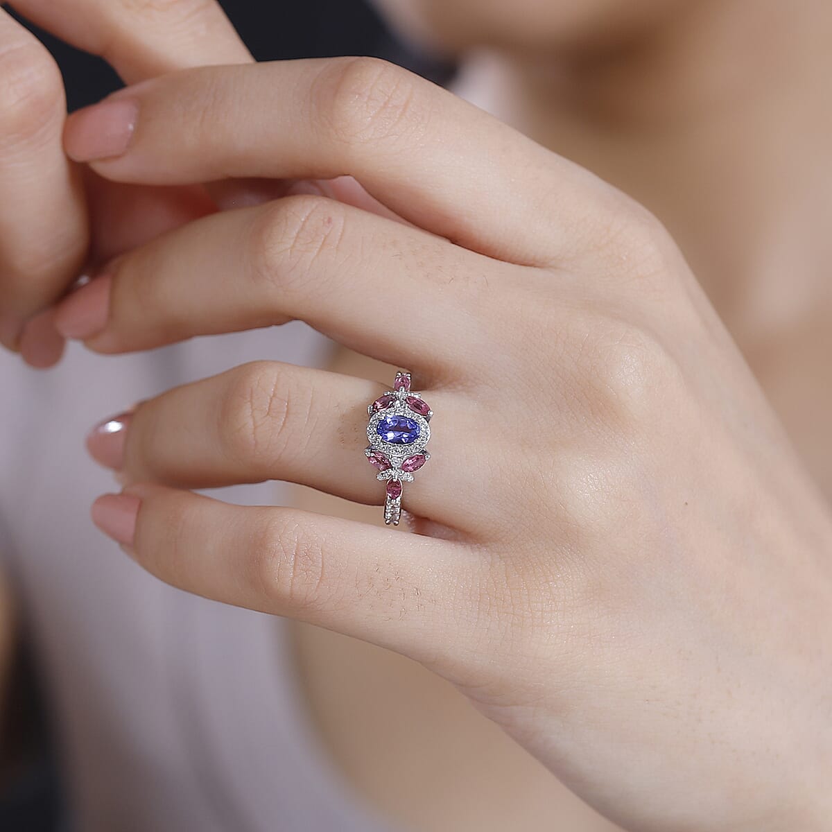 AAA Tanzanite and Multi Gemstone 1.40 ctw Floral Ring in Rhodium Over Sterling Silver (Size 6.0) image number 2