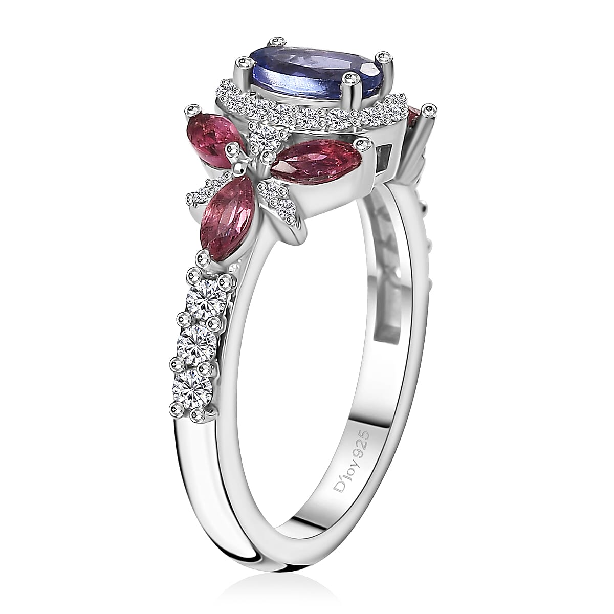 AAA Tanzanite and Multi Gemstone 1.40 ctw Floral Ring in Rhodium Over Sterling Silver (Size 6.0) image number 3