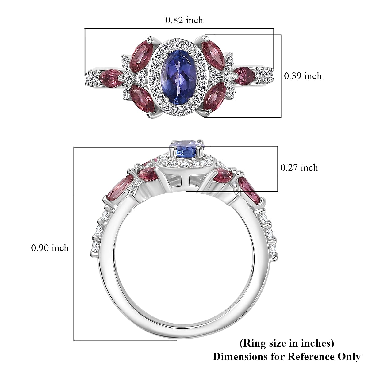 AAA Tanzanite and Multi Gemstone 1.40 ctw Floral Ring in Rhodium Over Sterling Silver (Size 6.0) image number 5