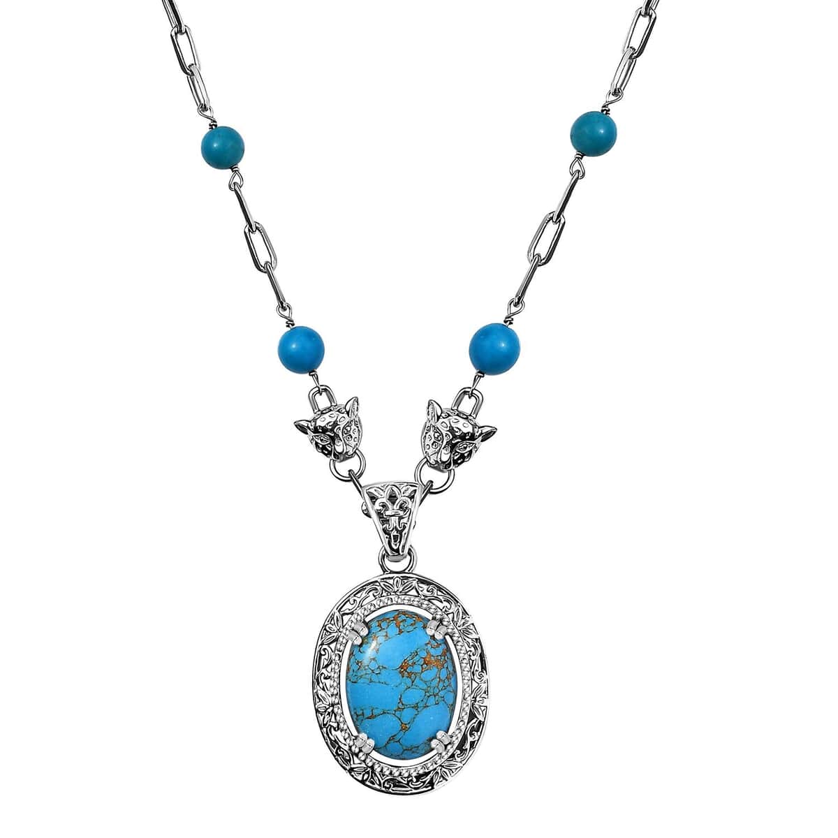 Mojave Blue Turquoise 25.15 ctw Paper Clip and Leopard Head Necklace in Platinum Bond 18 -20 Inches image number 0