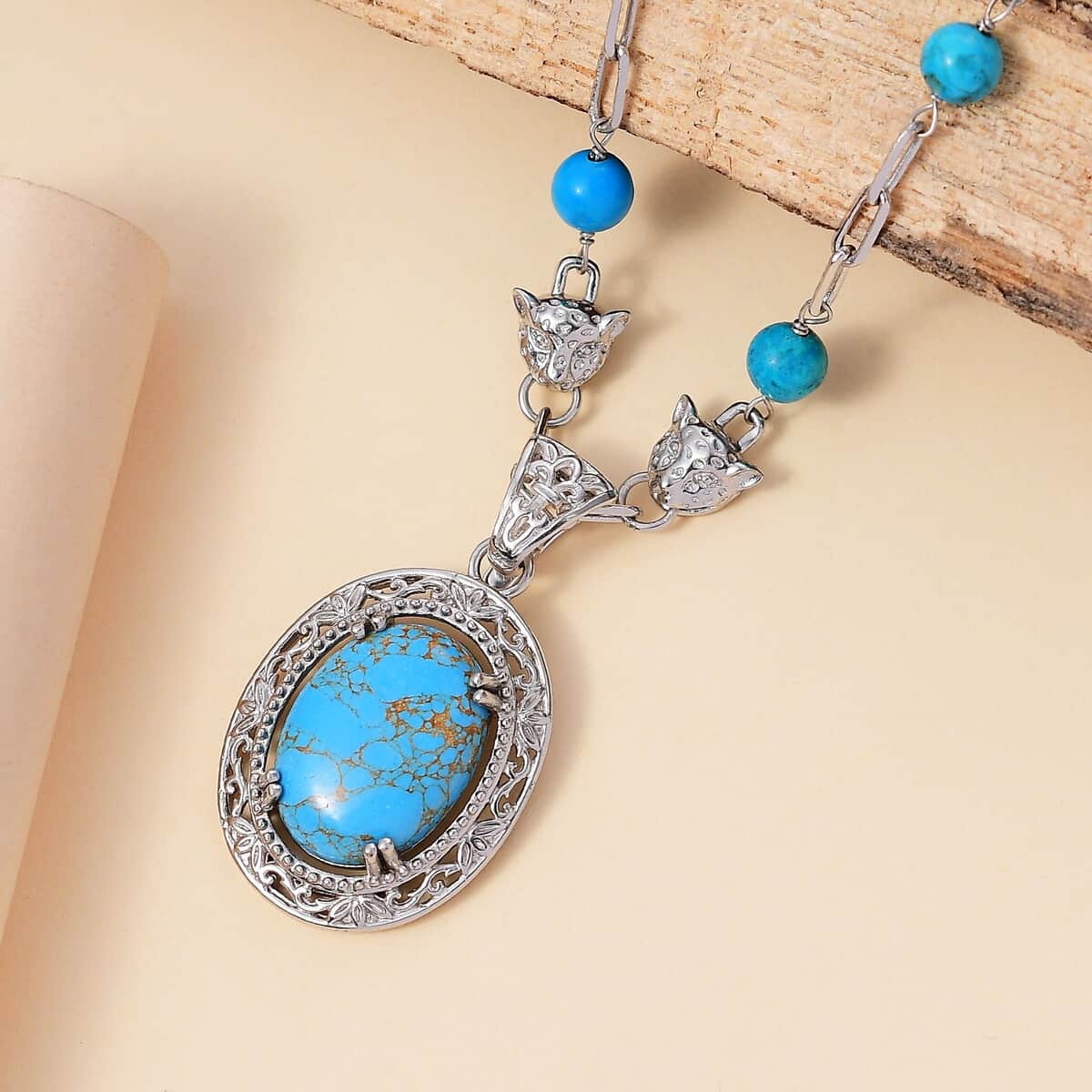 Mojave Blue Turquoise 25.15 ctw Paper Clip and Leopard Head Necklace in Platinum Bond 18 -20 Inches image number 1