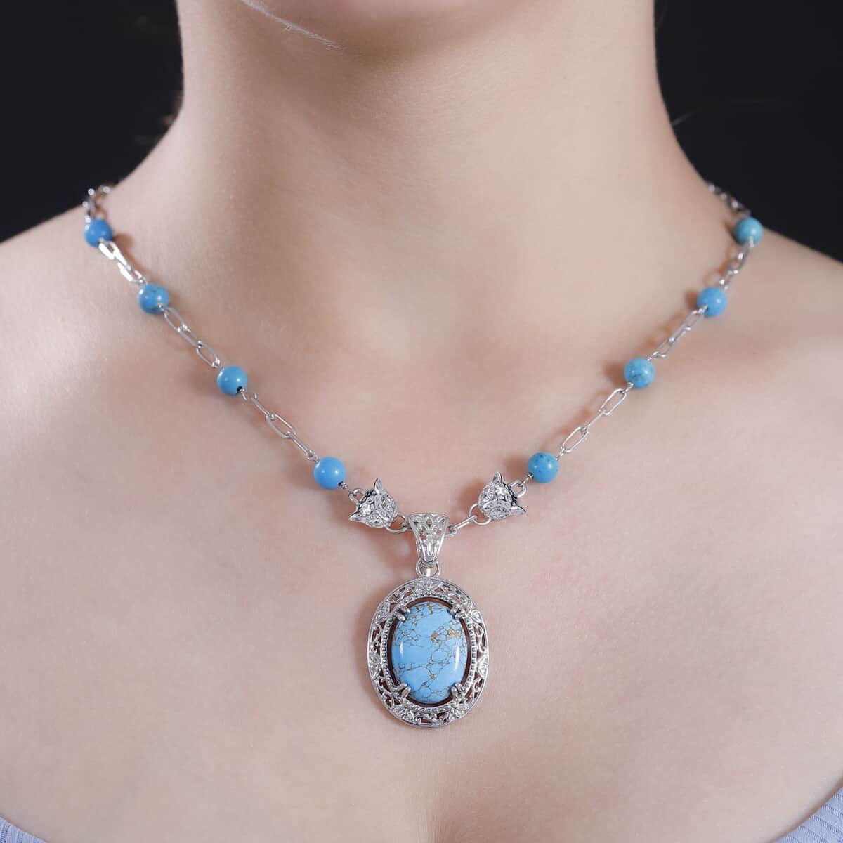 Mojave Blue Turquoise 25.15 ctw Paper Clip and Leopard Head Necklace in Platinum Bond 18 -20 Inches image number 2