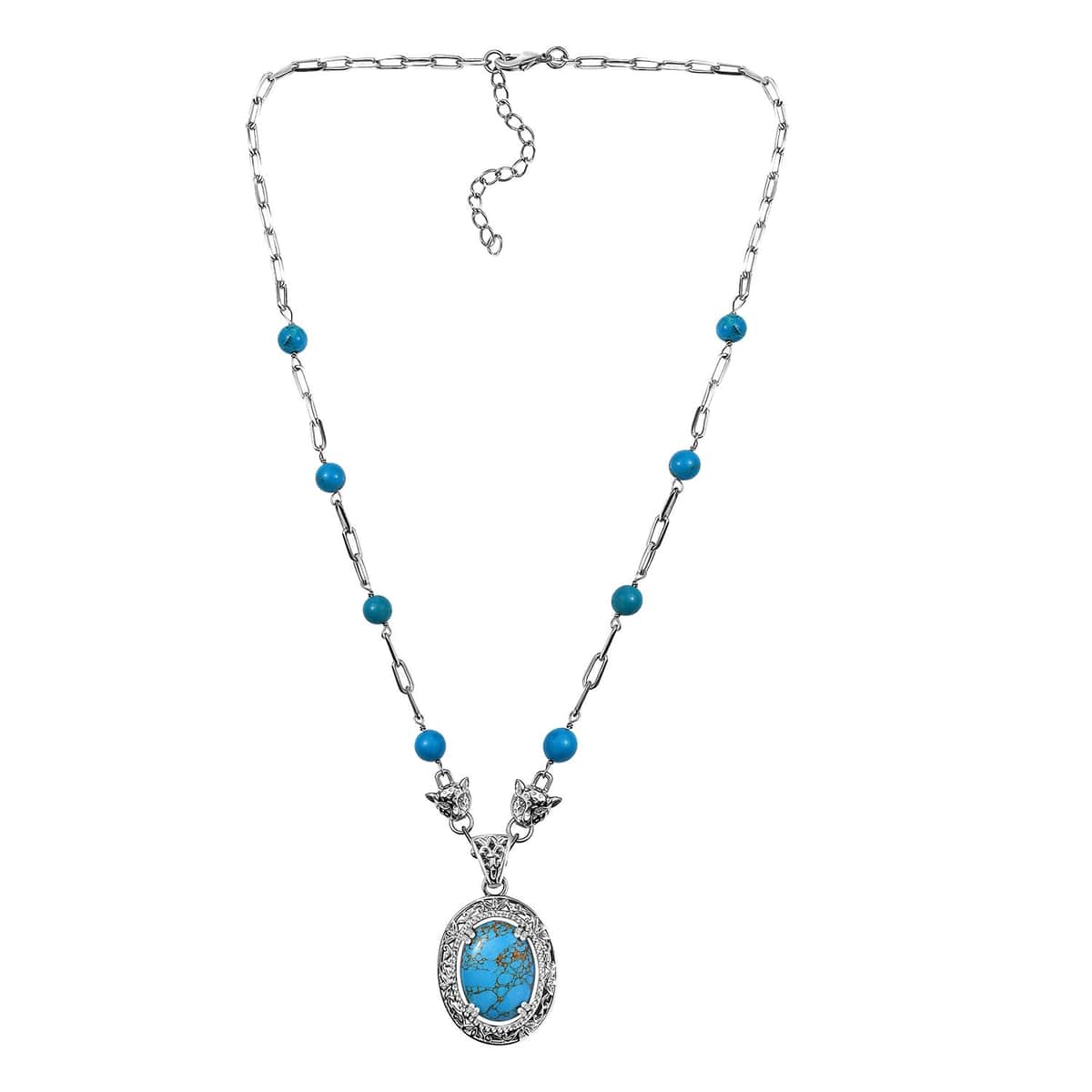 Mojave Blue Turquoise 25.15 ctw Paper Clip and Leopard Head Necklace in Platinum Bond 18 -20 Inches image number 3