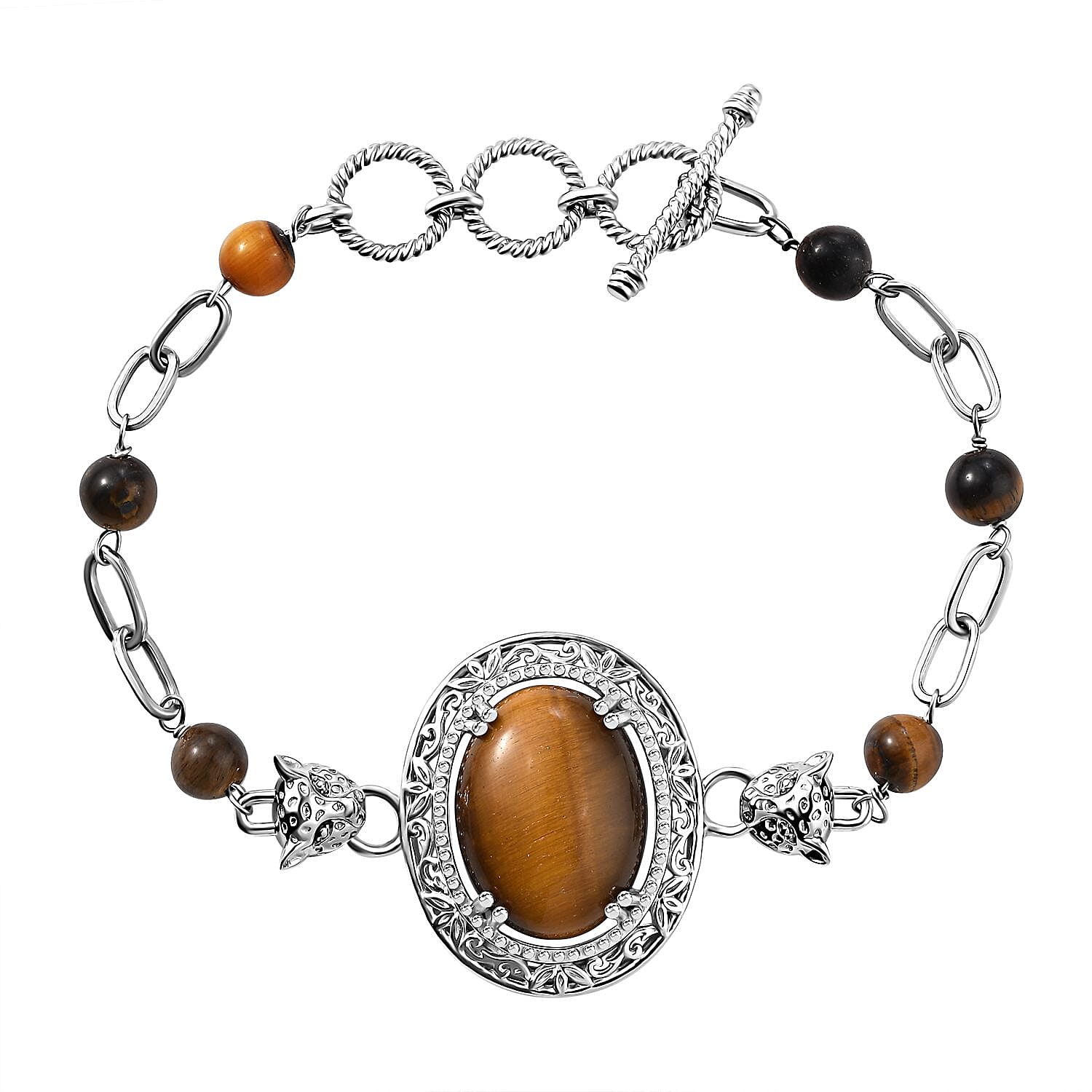 EverTrue Tigers Eye 25.15 ctw Paper Clip and Leopard Head Bracelet in Platinum Bond (6.50-800In)