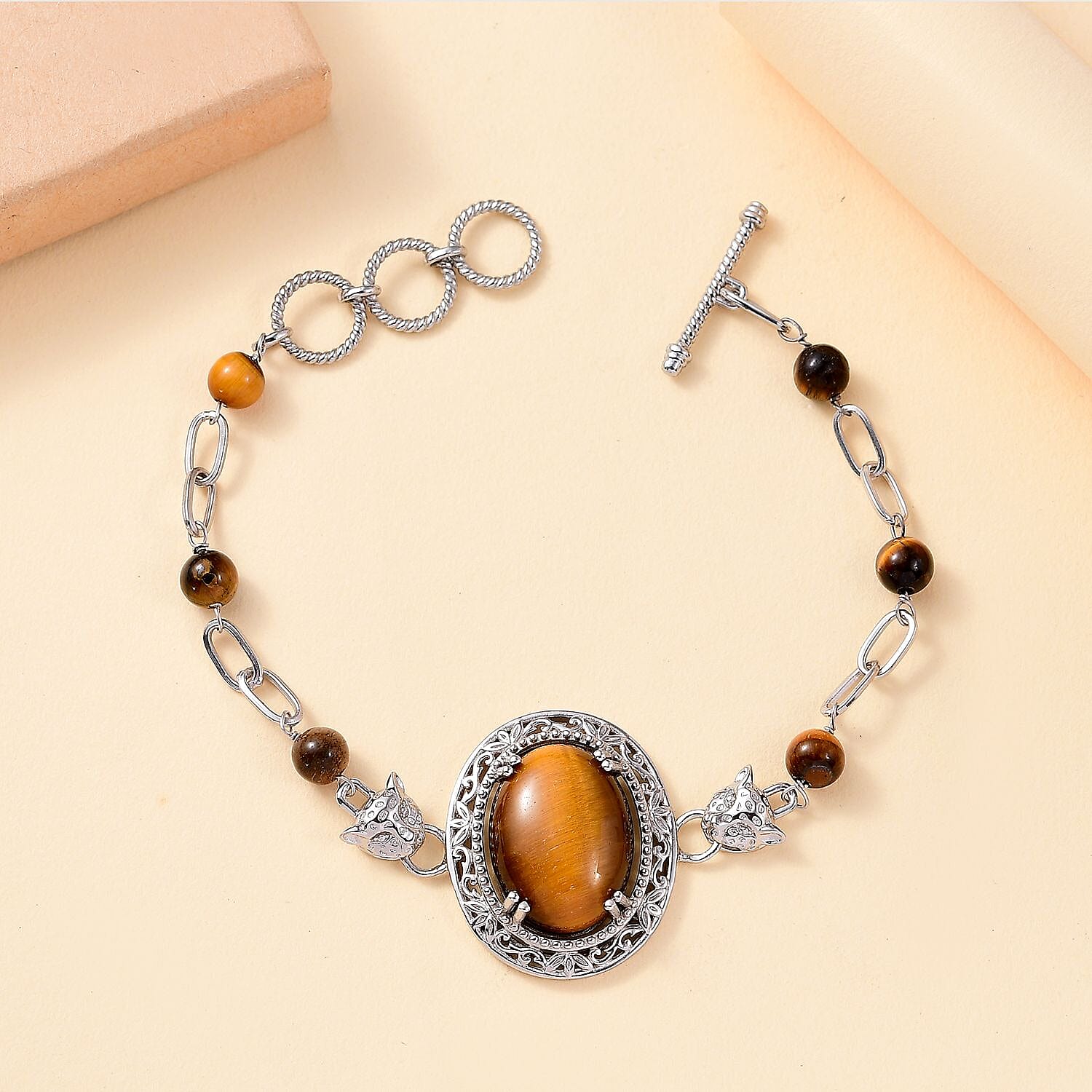 EverTrue Tigers Eye 25.15 ctw Paper Clip and Leopard Head Bracelet in Platinum Bond (6.50-800In)
