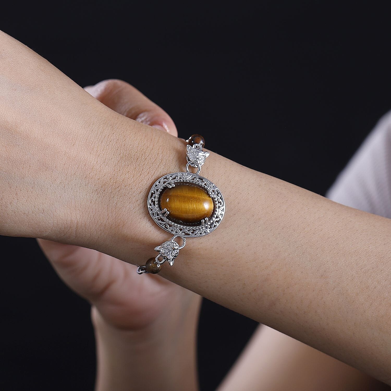 EverTrue Tigers Eye 25.15 ctw Paper Clip and Leopard Head Bracelet in Platinum Bond (6.50-800In)