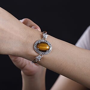 EverTrue Tigers Eye 25.15 ctw Paper Clip and Leopard Head Bracelet in Platinum Bond (6.50-800In)