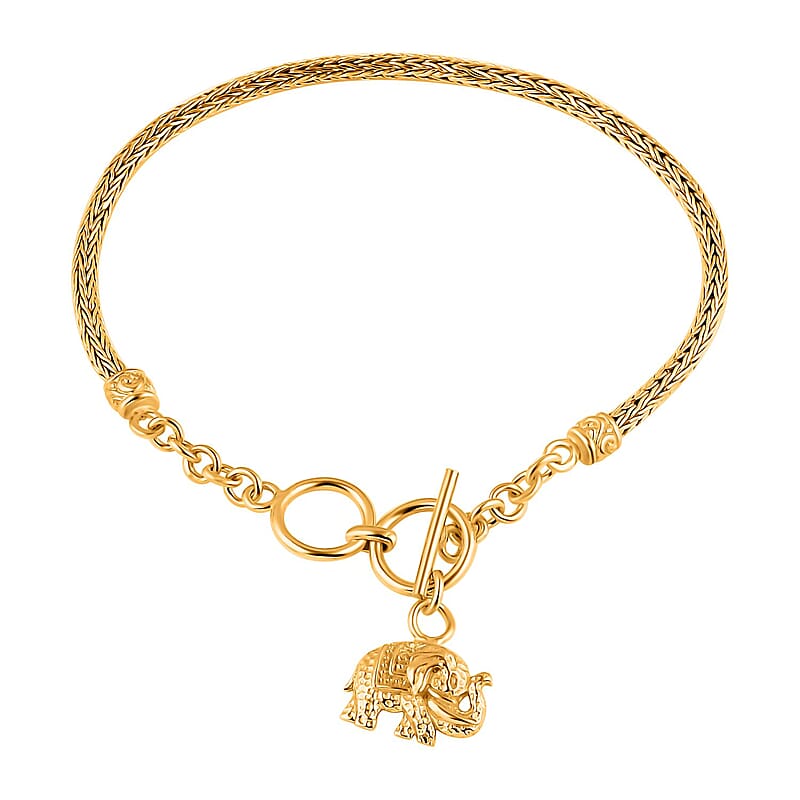 Bali Legacy Vermeil Yellow Gold Over Sterling Silver Tulang Naga Chain Bracelet with Elephant Charm (6.50-8.0In) 7.95 Grams