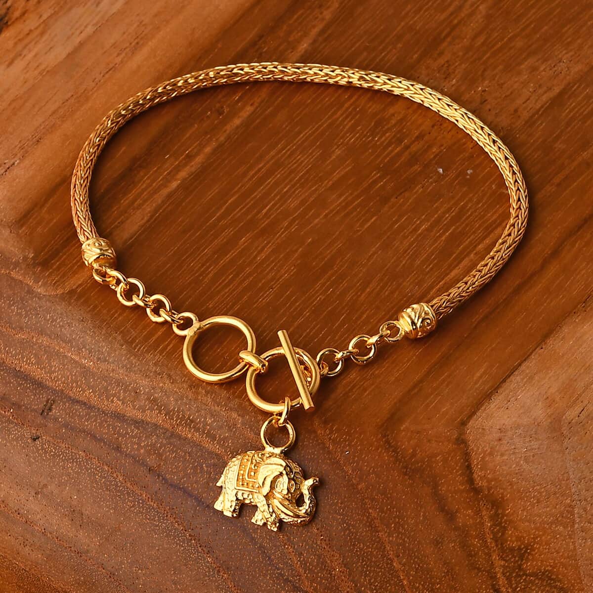 Bali Legacy Vermeil YG Over Sterling Silver Tulang Naga Chain Bracelet with Elephant Charm (6.50-8.0In) (7.95 g) image number 1