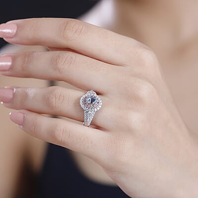 Santa Maria Aquamarine and Multi Gemstone 1.35 ctw Aqua Blossom Ring in Rhodium Over Sterling Silver (Size 10.0)