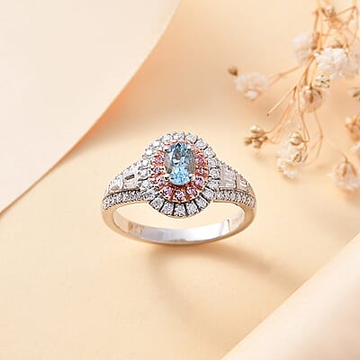D'Joy Santa Maria Aquamarine and Multi Gemstone 1.35 ctw Aqua Blossom Ring in Rhodium Over Sterling Silver (Size 8.0)