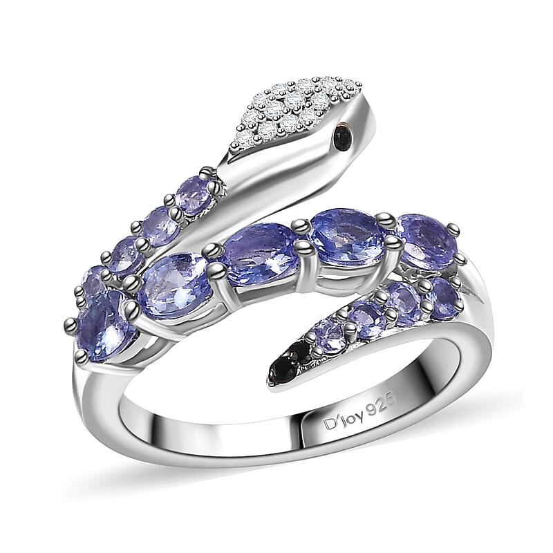 Tanzanite and Multi Gemstone 1.30 ctw Serpent Ring in Rhodium Over Sterling Silver (Size 10.0)