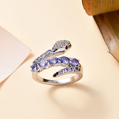 Tanzanite and Multi Gemstone 1.30 ctw Serpent Ring in Rhodium Over Sterling Silver (Size 10.0)