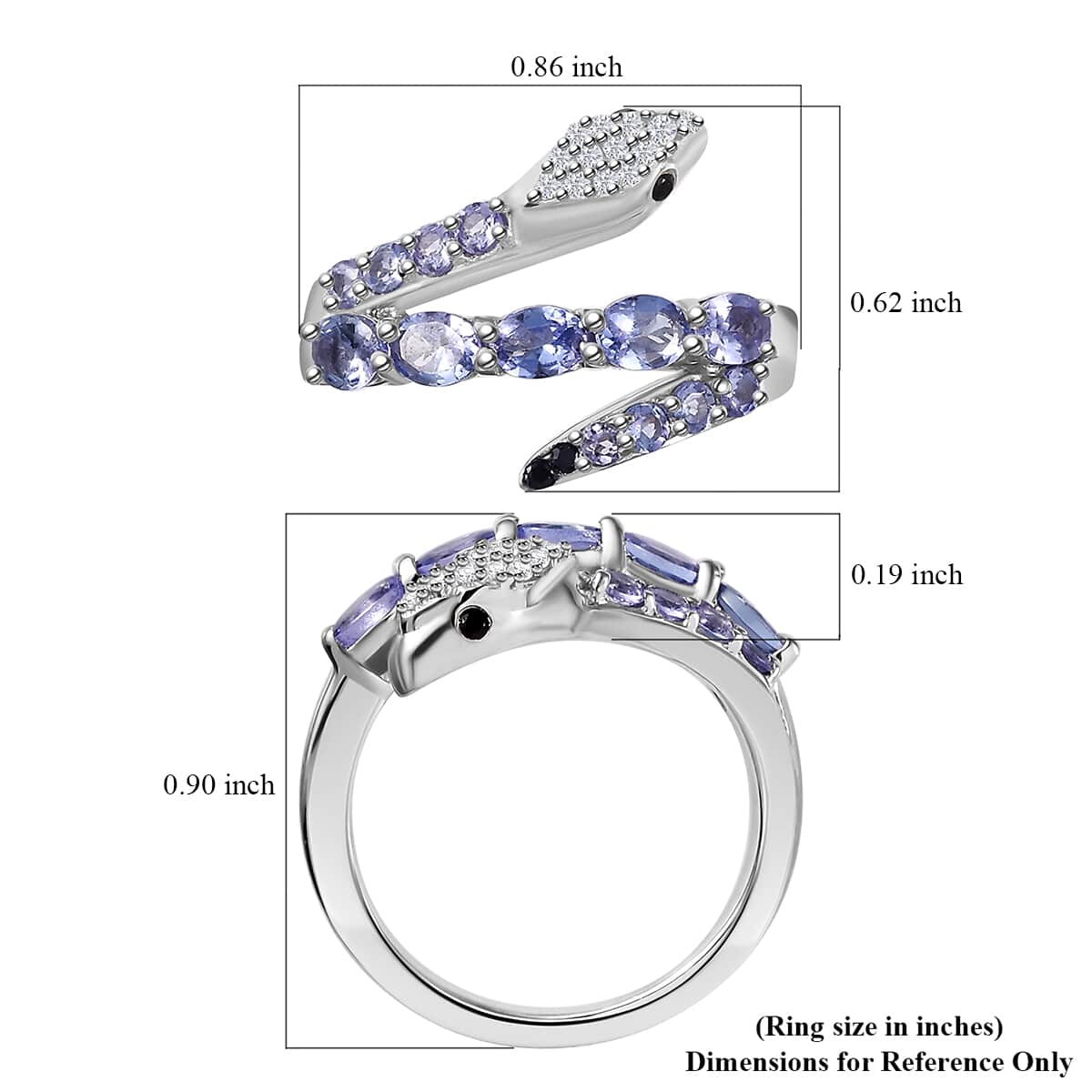 Tanzanite, Multi Gemstone Snake Ring in Rhodium Over Sterling Silver (Size 10.0) 1.30 ctw image number 5