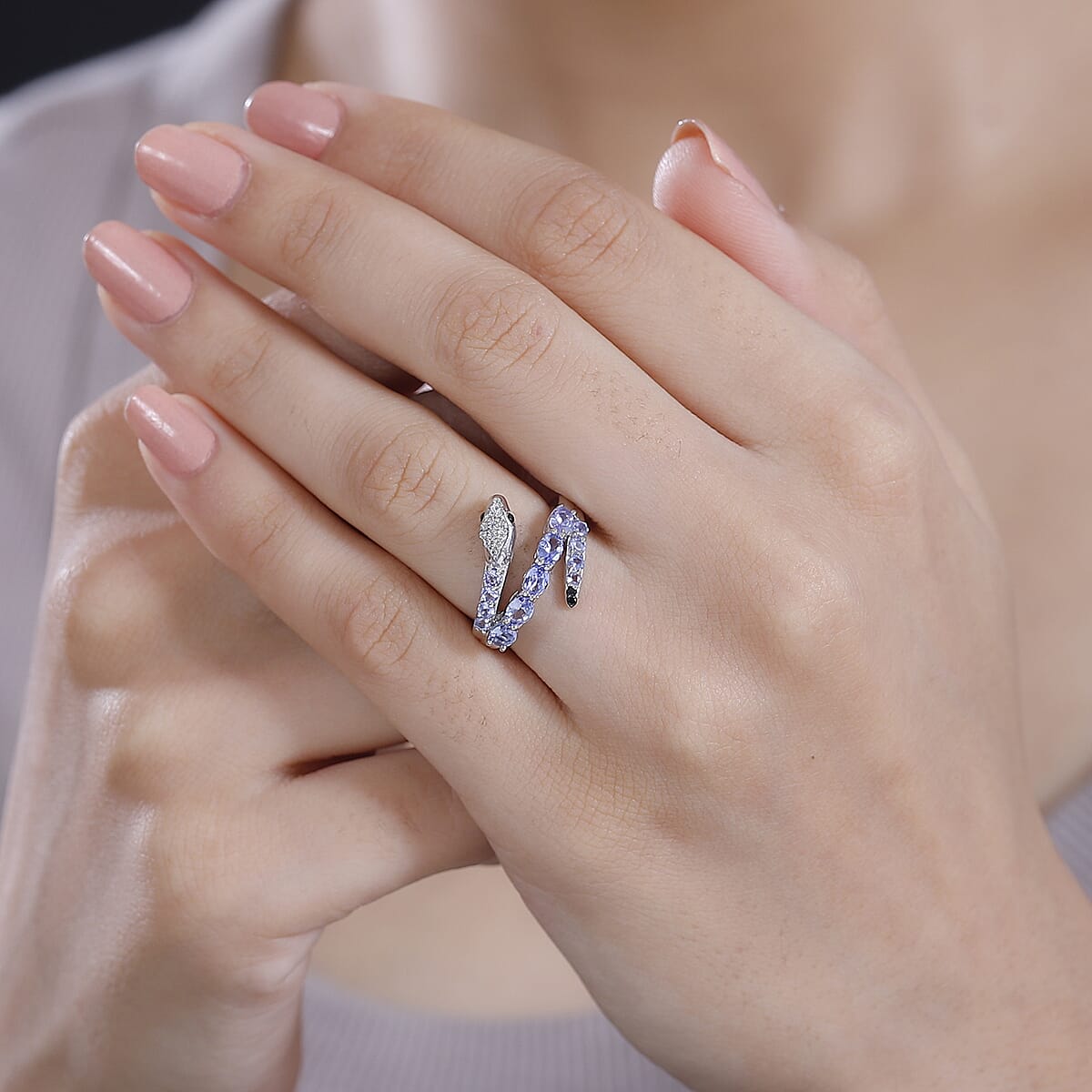 Tanzanite and Multi Gemstone 1.30 ctw Serpent Ring in Rhodium Over Sterling Silver (Size 6.0) image number 2