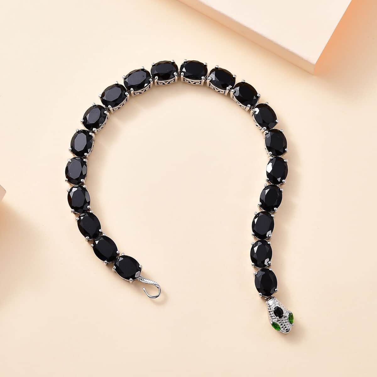 Thai Black Spinel and Chrome Diopside 42.50 ctw Serpent Bracelet in Rhodium Over Sterling Silver (7.25 In) image number 1