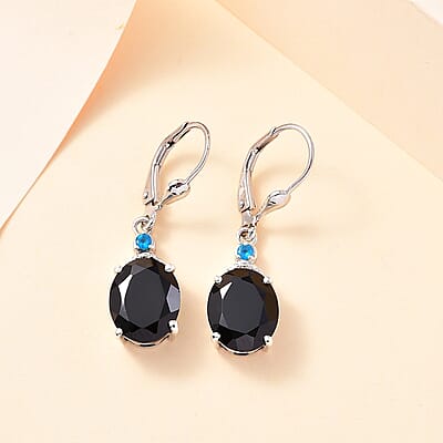Thai Black Spinel and Malgache Neon Apatite 9.15 ctw Lever Back Earrings in Rhodium Over Sterling Silver